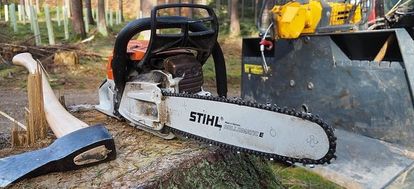 A chainsaw, ax, and bulldozer